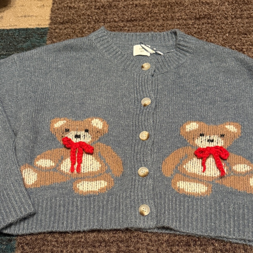 Luna Ivy Blue Cardigan with Teddy Bear Design XS
NWOT